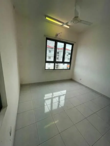 Room features: white painted walls, glossy ceramic tile flooring, ceiling fan, large window with black frames, natural light from window, neutral color scheme, minimalist design, no visible furniture; style: minimalist.