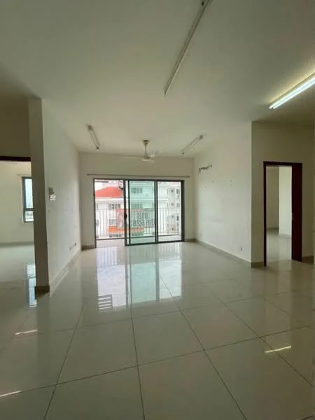 Living features: white painted walls, glossy ceramic tile flooring, 5-blade ceiling fan, floor-to-ceiling sliding glass door, natural light from window, neutral color scheme, recessed lighting, open layout; style: modern; view: city.