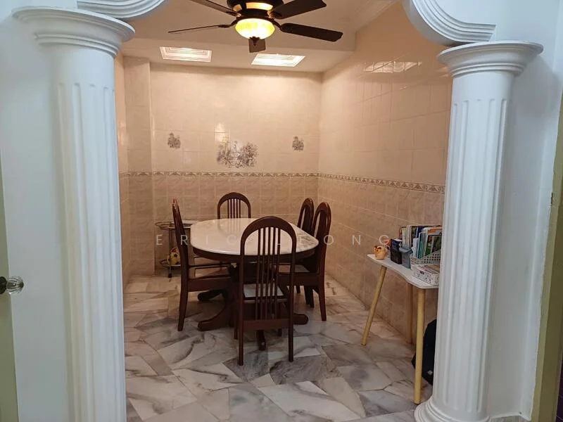Dining features: round dining table, wooden dining chairs, marble flooring, white painted walls, ceiling fan with light, recessed ceiling lights, decorative wall tiles, small side table, window with natural light; style: traditional.