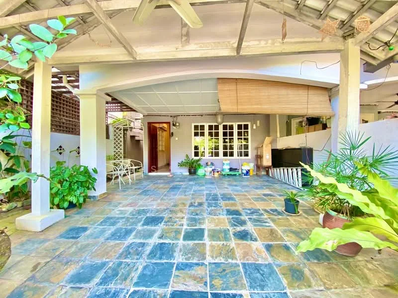 Room features: slate stone flooring, exposed beam ceiling, ceiling fan, large windows, outdoor seating area, potted plants, decorative wall, open layout; style: modern; view: garden.