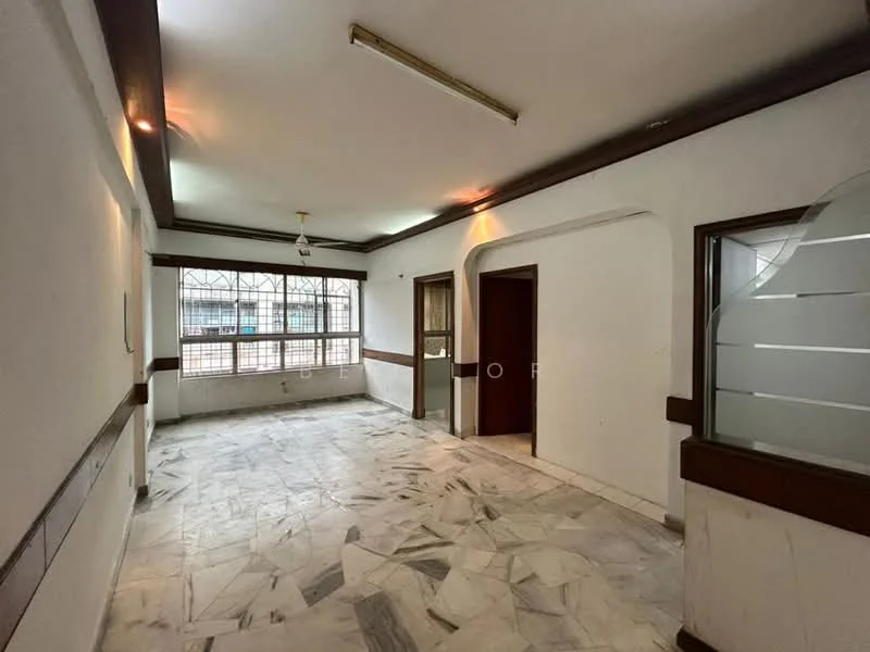 Room features: white painted walls, marble flooring, wood trim around windows and doors, ceiling lights, large window with grid pattern, arched doorway, corner wall with glass panels, neutral color scheme; style: traditional.