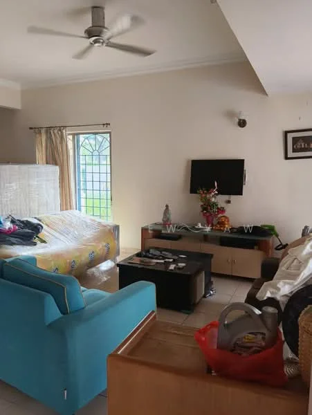 Living features: 3-seater fabric sofa in turquoise, 2-seater sofa in yellow, coffee table, wall-mounted TV, TV console, ceiling fan, curtains, floor-to-ceiling window, decorative wall art, area rug, light-colored walls, tile flooring.