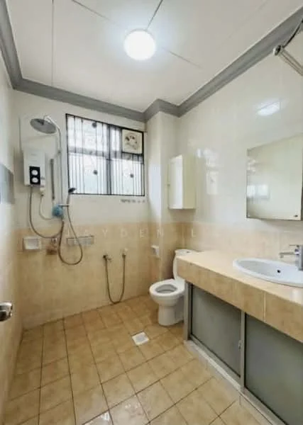 Bathroom features: cream tiled walls, beige tiled flooring, single-sink vanity with cabinet, chrome basin mixer faucet, framed mirror, one-piece toilet, shower with glass enclosure, wall-mounted shower head, window with security bars, light fixture in ceiling; style: modern.
