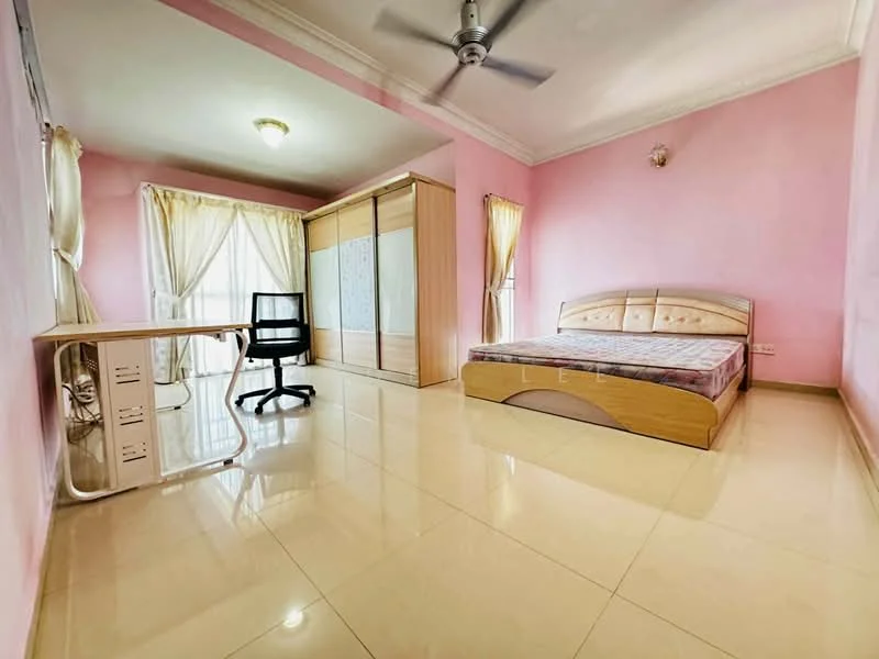 Bedroom features: pink painted walls, glossy tile flooring, queen-size bed with upholstered headboard, built-in wardrobe with sliding doors, study desk, office chair, ceiling fan, curtains on windows, natural light from window; style: modern.