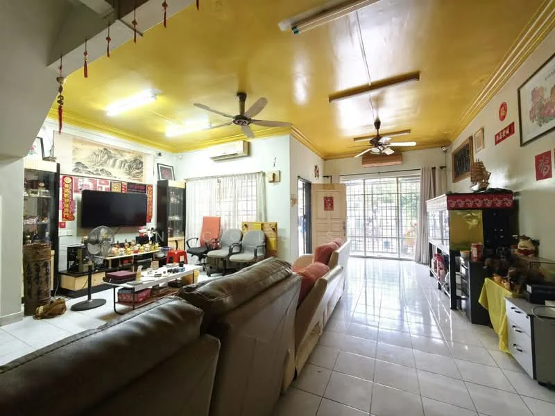 Living features: yellow painted ceiling, 2 ceiling fans, white tiled flooring, wall-mounted TV, black TV console, sofa with beige upholstery, armchairs, decorative wall art, large windows with sheer curtains, glass sliding door, open layout, dining area with wooden furniture, sideboard with decorative items; style: traditional; view: garden.