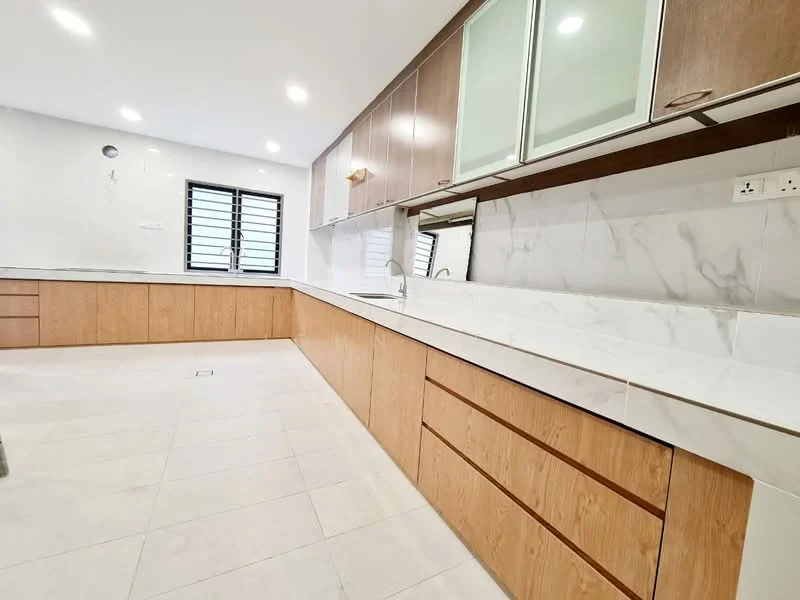 Kitchen features: white marble countertop, wood cabinetry with flat-panel design, stainless-steel sink, chrome faucet, tile backsplash, recessed downlights, large window for natural light, light-colored tile flooring; style: modern.