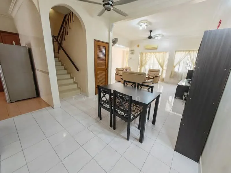 Living features: white tiled flooring, ceiling fan, sofa set in beige, coffee table, TV console, area rug with geometric pattern, floor-to-ceiling windows with sheer curtains, wall-mounted TV, open layout to dining area; style: modern. Dining features: black dining table for four, black dining chairs, decorative wall panel, open layout to living area; style: modern. Room features: staircase leading to upper floor, wooden door, air conditioning unit.