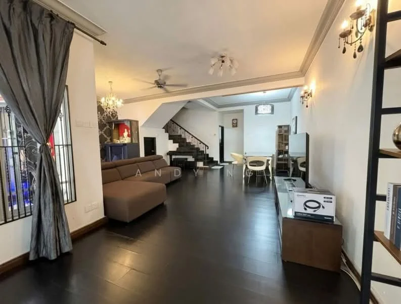 Living features: dark wood flooring, white painted walls, tray ceiling with recessed downlights, 5-blade ceiling fan, large windows with sheer curtains, L-shape sectional sofa in brown, coffee table, TV console, wall-mounted TV, decorative wall art, open staircase, area rug; style: modern.