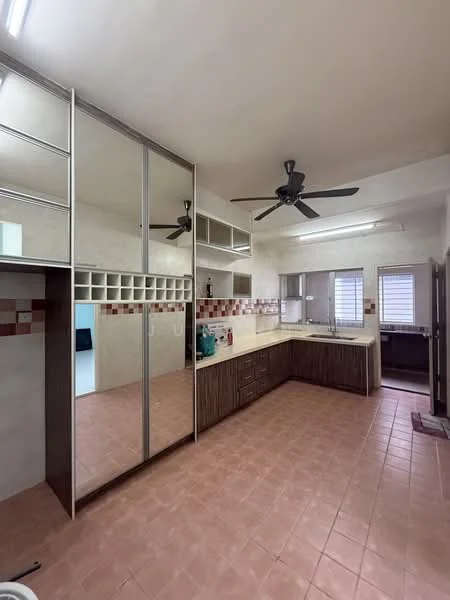 Kitchen features: brown cabinetry, white countertop, ceramic tile flooring, mirror-fronted cabinets, ceiling fan, built-in shelving, red and white tiled backsplash, double-basin sink, window with blinds, kitchen appliances visible.