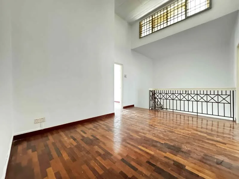Room features: white painted walls, wooden flooring, high ceiling, railing with decorative pattern, large window with glass panels, natural light, open space; style: modern.