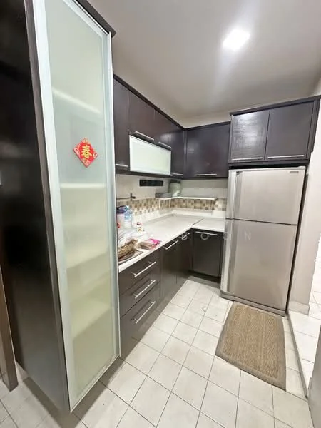 Kitchen features: dark wood cabinetry, white countertop, stainless-steel fridge, built-in oven, ceramic tile flooring, glass-front cabinet doors, neutral backsplash with mosaic pattern, single-bowl stainless-steel sink, chrome pull-down faucet, kitchen rug; style: modern.