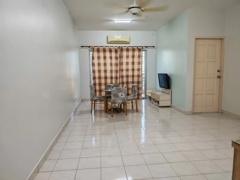 Living features: white painted walls, ceramic tile flooring, ceiling fan, window with checkered curtains, TV console, wall-mounted TV, dining table with four chairs, light-colored door, air conditioning unit; style: modern.