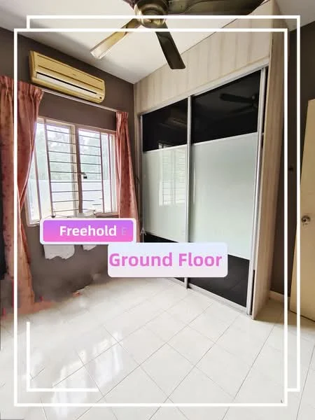 Room features: white tiled flooring, cream painted walls, brown accent wall, sliding glass wardrobe, window with horizontal blinds, wall-mounted split AC, ceiling fan, curtains, door with handle; style: modern.