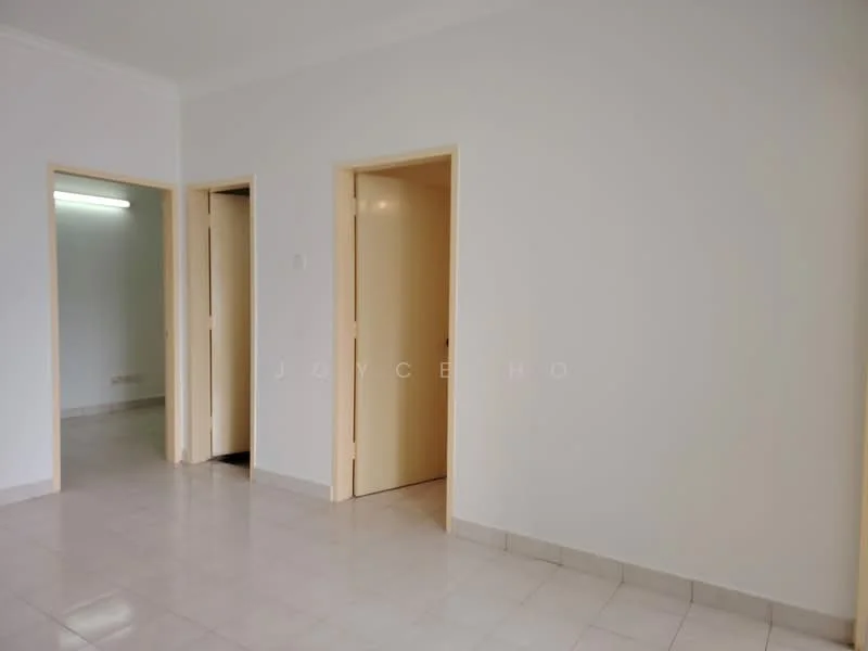 Room features: white painted walls, light grey floor tiles, two wooden doors, one open doorway, ceiling light fixture; style: minimalist.