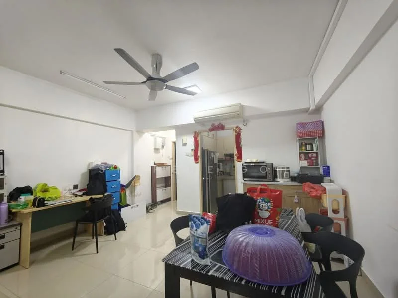 Living features: white painted walls, glossy tile flooring, 5-blade ceiling fan, recessed lighting, dining table with black chairs, microwave, built-in cabinets, kitchen counter with storage, refrigerator, decorative items on table; style: modern.