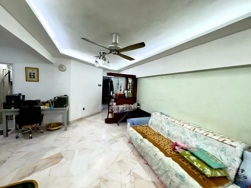 Living features: sofa with floral upholstery, ceiling fan with light, recessed lighting, marble flooring, green painted wall, decorative wall shelf, wall clock, study desk with chair, wooden cabinet, area rug, window with natural light; style: modern.