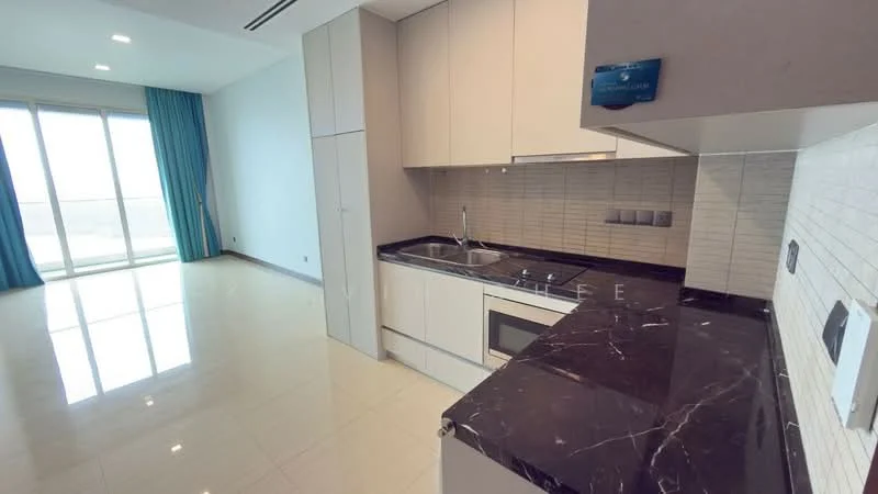 Kitchen features: black marble countertop, white cabinetry, built-in oven, stainless-steel sink, chrome pull-down faucet, ceramic tile backsplash, recessed downlights, floor-to-ceiling windows, sliding glass door, white tiled flooring, kitchen island; style: modern; view: city.