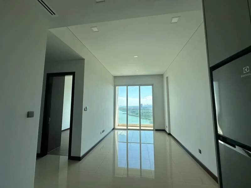 Room features: white painted walls, glossy tile flooring, floor-to-ceiling windows, sliding glass door, recessed downlights, neutral ceiling, city view, minimalist decor; style: modern; view: city.