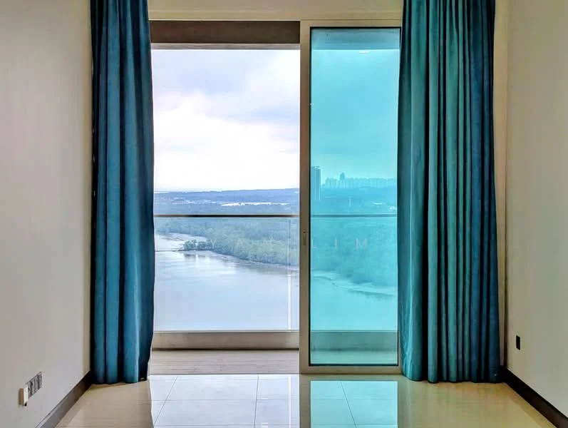 Room features: floor-to-ceiling windows, sliding glass door, blue curtains, neutral wall colour, glossy tile flooring, view of water, view of city skyline; style: modern; view: water.