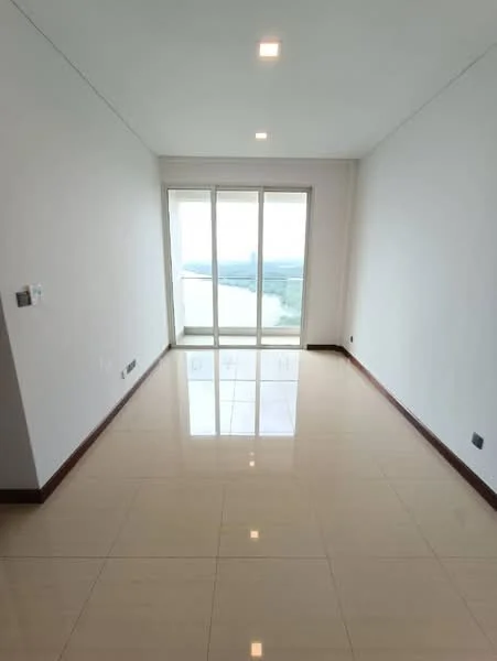 Room features: white painted walls, glossy ceramic tile flooring, floor-to-ceiling windows, sliding glass door, recessed downlights, mountain view, neutral color scheme, no visible furniture; style: modern; view: mountain.