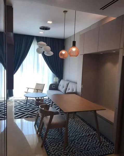 Dining features: wood dining table, 4 wooden chairs, grey fabric sofa, black and white geometric area rug, floor-to-ceiling windows, blue curtains, 2 pendant lights, wall-mounted storage unit, recessed ceiling lights; style: modern.