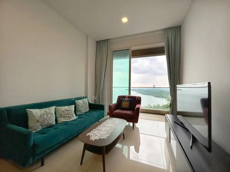 Living features: teal fabric sofa, two decorative cushions on sofa, maroon accent chair, coffee table with dark wood finish, flat-screen TV on console, large floor-to-ceiling window, curtains in light grey, polished tile flooring, decorative table runner on coffee table, view of water and skyline; style: modern; view: water.