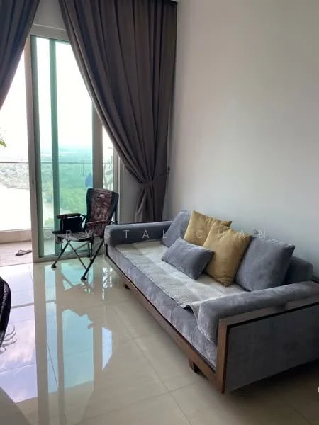 Living features: grey fabric sofa, two decorative cushions in beige and gold, glass sliding door, floor-to-ceiling windows, curtains in dark brown, polished tile flooring, small folding chair, view of the landscape, natural light from windows; style: modern; view: landscape.
