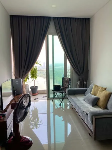 Living features: grey fabric sofa, two decorative cushions in gold, wooden TV console, wall-mounted TV, floor-to-ceiling windows, sheer curtains, dark grey blackout curtains, polished tile flooring, ceiling light, potted plant, folding chair, standing fan; style: modern; view: city.