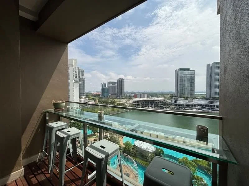 Balcony features: glass railing, wooden flooring, bar counter with stools, city skyline view, outdoor seating, planter with greenery; style: modern; view: city.