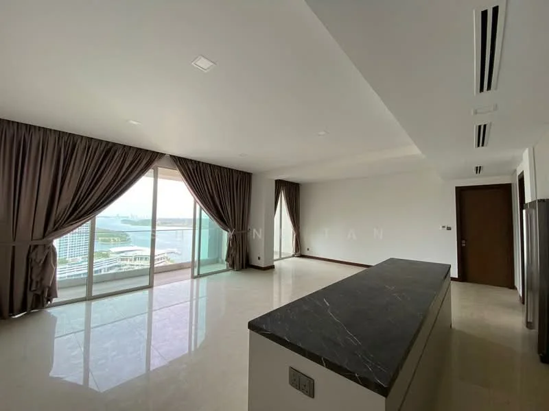 Living features: floor-to-ceiling windows, grey marble countertop, white walls, recessed downlights, curtains in brown, polished marble flooring, open layout, city view; style: modern; view: city.