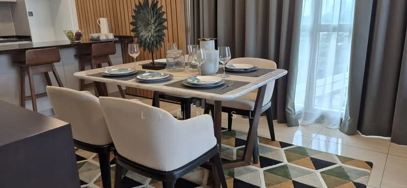 Dining features: 6-seater dining table, marble dining table top, wooden dining table legs, upholstered dining chairs in cream, decorative centerpiece, glassware, cutlery, table runner, area rug with geometric pattern, curtains, floor-to-ceiling windows, wood panel accent wall; style: modern; view: city.