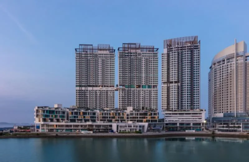 Exterior type: high-rise condominium; features: glass curtain wall, balconies on upper floors, waterfront location, multiple towers, mixed-use podium, modern architectural design, surrounded by water, urban skyline, landscaped ground level; style: modern.