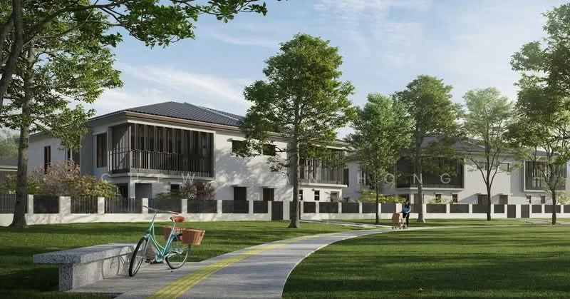 Exterior type: detached bungalow; features: white painted facade, flat roof, large windows, manicured lawn, mature trees, stone-paved walkway, bike rack, outdoor seating area, surrounded by greenery; style: modern.