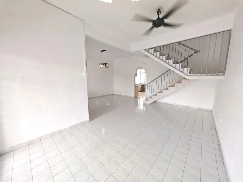 Living features: white painted walls, glossy ceramic tile flooring, 5-blade ceiling fan, staircase with metal railing, arched doorway, natural light from windows, open layout, neutral color scheme; style: modern.