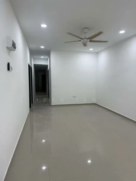 Room features: white painted walls, polished ceramic tile flooring, recessed LED downlights, 5-blade ceiling fan, 1 wall-mounted split AC, doorway leading to another room, doorway leading to hallway; style: modern.