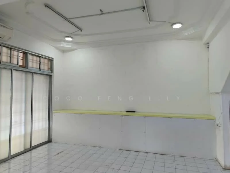 Room features: white painted walls, ceiling with recessed downlights, tile flooring, large glass sliding door, open space layout, air conditioning unit mounted on wall, yellow countertop or ledge, no visible furniture or decor; style: minimalist.