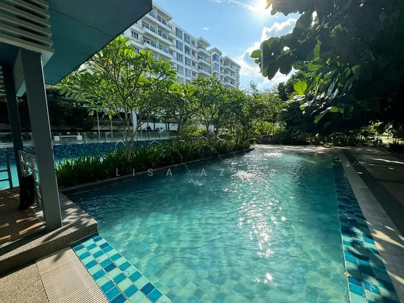 Exterior type: swimming pool deck; features: infinity pool, pool deck with loungers, tropical landscaping, mature trees, manicured lawn, blue mosaic tile edging, surrounded by greenery; style: modern.