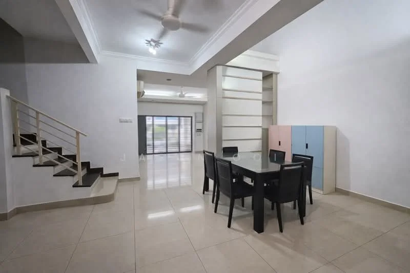 Dining features: dining table with black legs, black dining chairs, cream tiled flooring, white painted walls, ceiling fan, built-in shelving unit, sliding glass door, natural light from sliding door, staircase leading to upper floor, decorative ceiling light; style: modern.