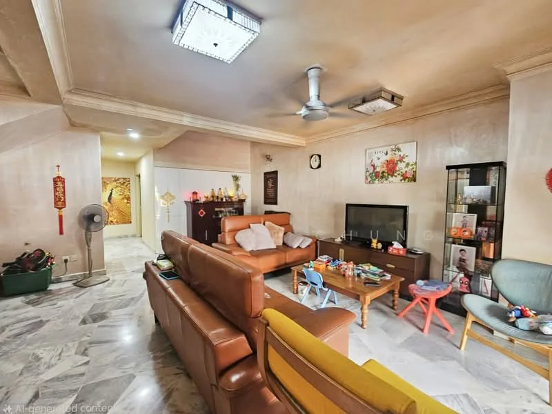 Living features: marble flooring, cream painted walls, tray ceiling with recessed lighting, 5-blade ceiling fan with light, brown leather sofa, yellow accent chair, wood coffee table, TV console with wall-mounted TV, decorative wall clock, open shelving unit, decorative items on shelves, floor fan, children's chairs, wall-mounted artwork; style: modern.