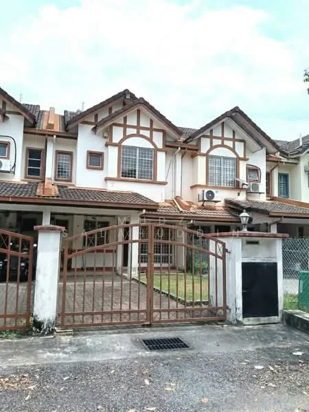 Exterior type: linked terrace house; features: white painted facade, brown timber accents, pitched tile roof, two-storey building, manicured lawn, brick-paved driveway, metal gate, air conditioning units visible, fenced yard, front porch area, window grilles; style: traditional.