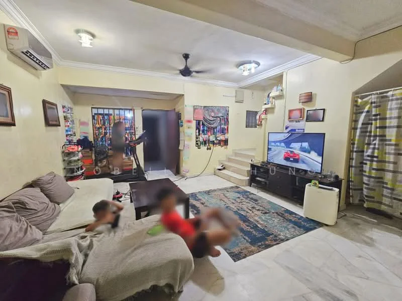 Living features: marble flooring, cream painted walls, 5-blade ceiling fan with light, wall-mounted TV, sofa in beige, coffee table, area rug with geometric pattern, decorative wall shelves, staircase leading to upper level, window with security bars, curtains with checkered pattern; style: modern.