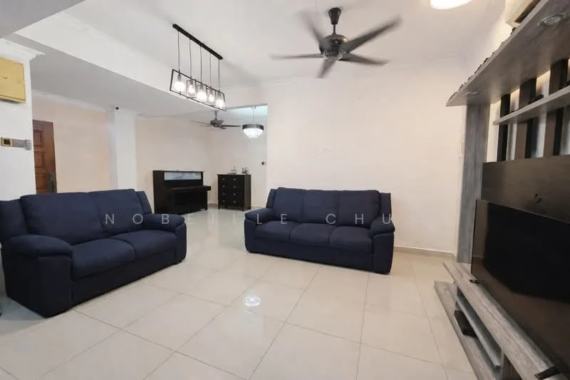 Living features: 2 blue fabric sofas, ceiling fan with light, tile flooring, wall-mounted TV console, light fixture with multiple bulbs, neutral painted walls, decorative wall paneling, large window with natural light; style: modern.
