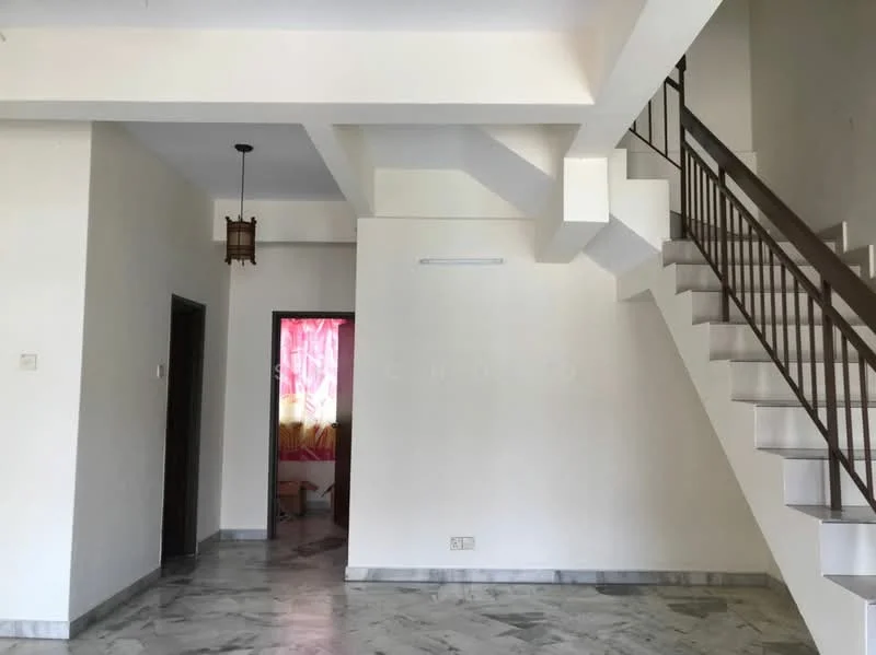 Room features: white painted walls, marble flooring, staircase with metal railing, ceiling light fixture, open layout, doorway leading to another room, large windows for natural light, high ceiling; style: modern.