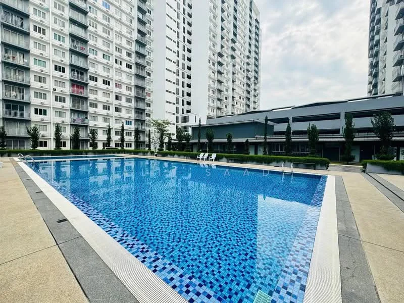 Exterior type: high-rise condominium; features: infinity pool, pool deck with loungers, surrounded by landscaped gardens, tall residential buildings in background, paved walkway around pool, manicured lawn, trees along poolside; style: modern.