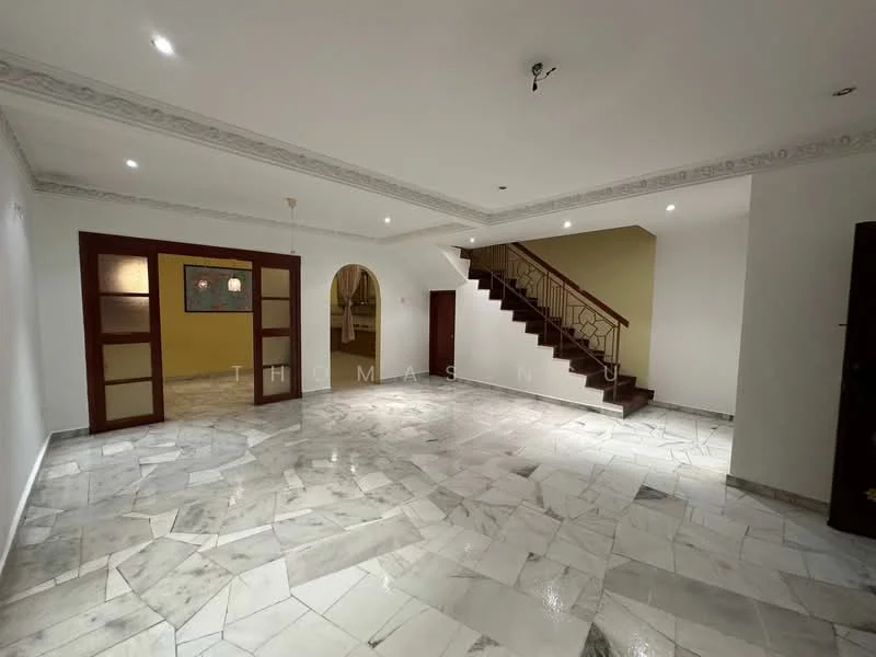 Living features: marble flooring, white painted walls, crown moulding, recessed downlights, staircase with wooden railing, arched doorway, large open space, multiple light fixtures; style: modern.