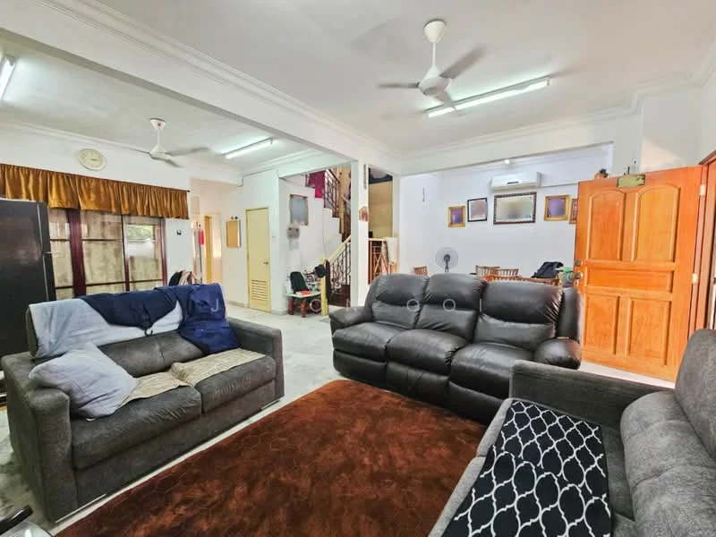 Living features: 3-seater fabric sofa in grey, 2-seater leather sofa in black, area rug with brown color, ceiling fan, recessed lighting, wooden door, wall-mounted artwork, curtains with gold accents, marble flooring, open layout to dining area, staircase visible in background; style: contemporary.