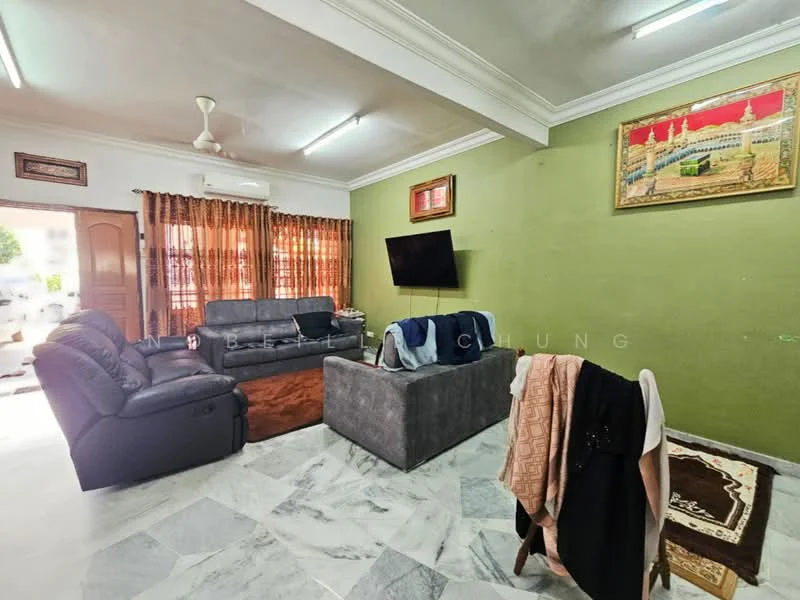 Living features: grey fabric sofa, black leather recliner sofa, wooden coffee table, wall-mounted TV, marble flooring, green painted walls, ceiling fan, recessed lighting, curtains with floral pattern, decorative artwork on wall; style: contemporary.