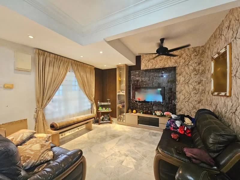 Living features: marble flooring, cream painted walls, exposed stone accent wall, floor-to-ceiling windows with sheer curtains, 5-blade ceiling fan, wall-mounted TV, TV console, decorative mirror, sofa in dark leather, coffee table, decorative items on shelves, cushions on sofa; style: modern.