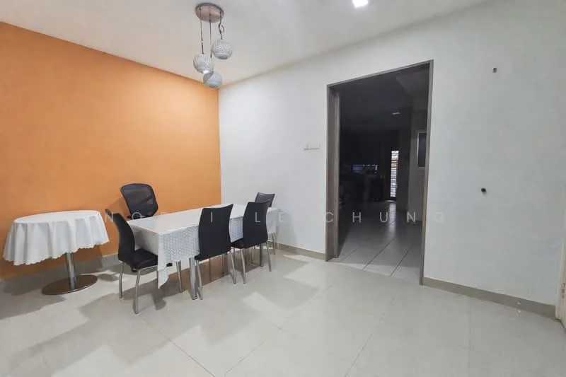 Dining features: white dining table, 4 black dining chairs, round table with tablecloth, orange accent wall, white painted walls, tile flooring, hanging pendant lights, doorway leading to another room; style: modern.