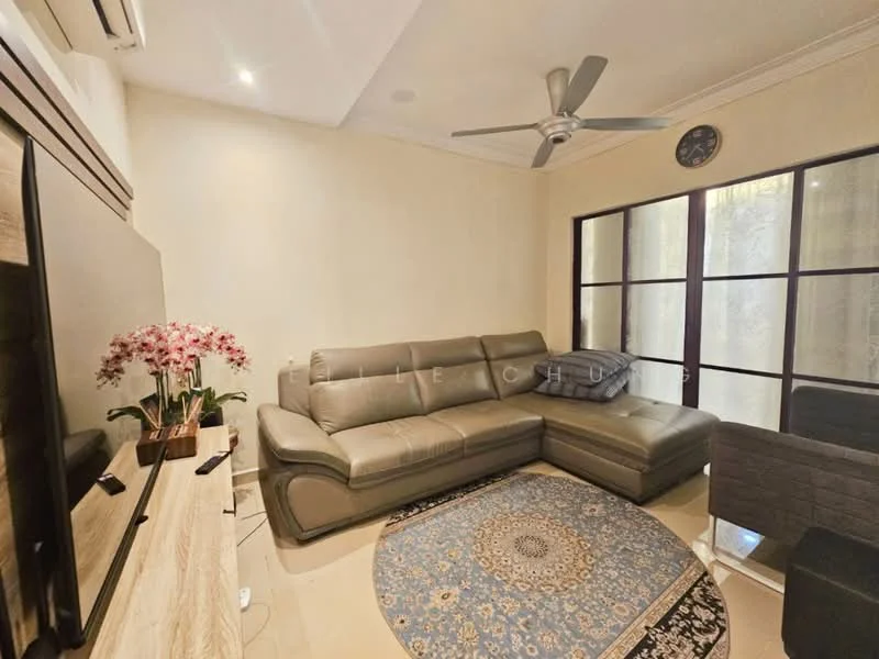 Living features: L-shape sectional sofa in grey, coffee table, wall-mounted TV, wooden TV console, area rug with circular pattern, 5-blade ceiling fan with light, decorative wall clock, large glass windows, neutral painted walls, tile flooring; style: contemporary.
